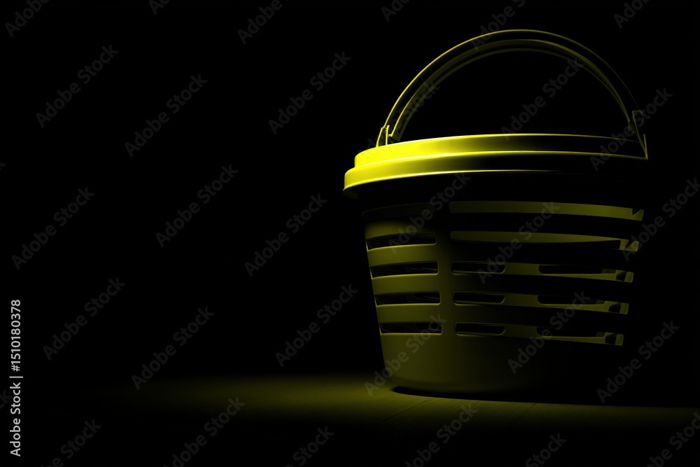Poster plastic bucket illuminated in a dark setting showcasing its unique shape and color