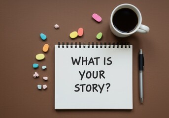 Overhead shot of notebook with question, coffee, pen, and colorful candies