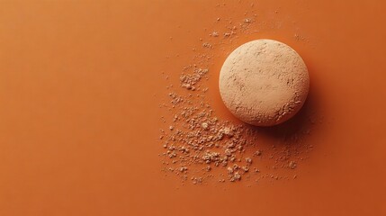 Round, light-brown object atop a scattered, light-brown powder.