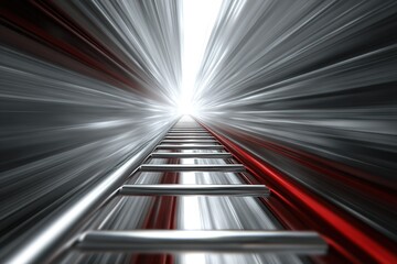 Railway tracks lead towards a bright light with a sense of speed and movement in a mystical environment