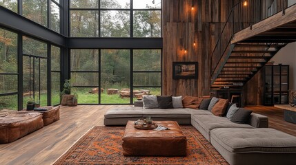 Rustic Modern Living Room with Forest View