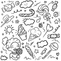 Sweets, doodle set in hand-drawn style. Vector illustration for business