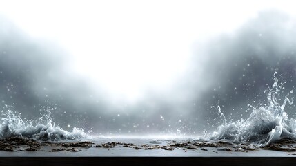 Dynamic water waves crash against rocky shoreline coastal landscape high-contrast serene environment wide-angle view
