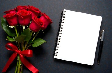 At the top, on the left, we see a bouquet of red roses, and on the right - a notebook with a pen. The notebook has an empty space for notes.