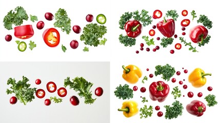 Four overhead shots showcase vibrant arrangements of red & yellow bell peppers, cranberries, jalape?os, & kale leaves against white backgrounds; displaying 