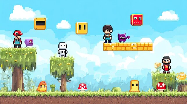 Colorful retro pixel art video game level with characters, enemies, coins and blocks in a grassy platform