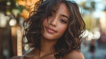 Fototapeta premium Girl with layered lob and soft curls