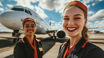 Smiling flight attendants strike a cheerful pose in front of passenger airplane