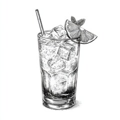 Sketch engraving of refreshing iced drink in glass with citrus slice, straw and mint on white background