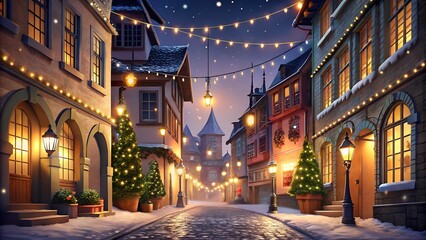 Fototapeta premium Twinkling estive lights on historic street in europe