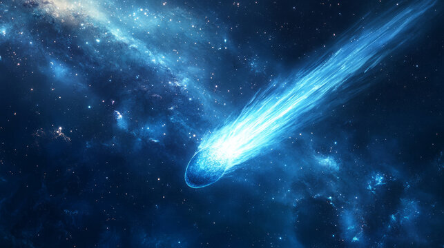 a comet flying through space closeup fire tail speed energy power cosmos universe astronomy science danger destruction background with copy space