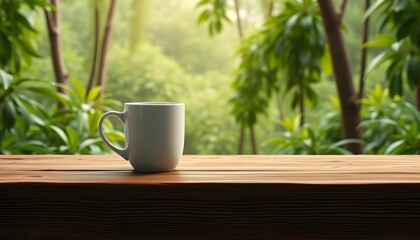 Serene Morning Coffee A White Mug on Wooden Table with Lush Greenery Background