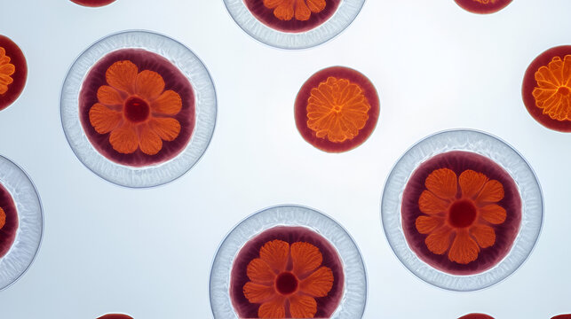 Three human parasite form patterns, trophozoite form of Plasmodium malariae malaria infected red blood cells on thin film blood smear under 100X light microscope (Selective focus).