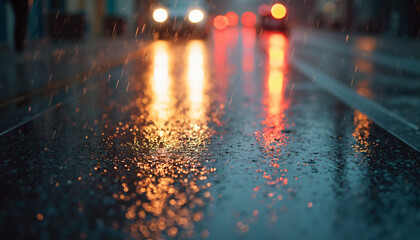 Rain on Pavement Reflecting Car Lights