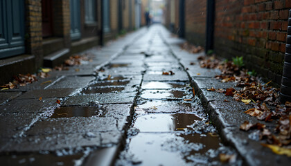 Wet Brick Alleyway with Puddles and Fallen Leaves