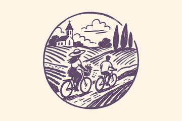 Cycling in Provence lavender field brush sketch vector illustration