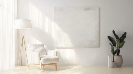 White room with accent chair, floor lamp, and serene wall art
