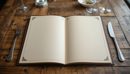 Elegant Restaurant Menu Mockup Blank, Open Menu Book on Wooden Table