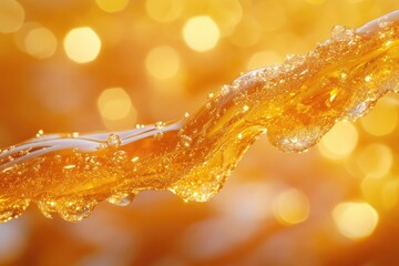Golden liquid drips glisten with light, showcasing sweet honey's