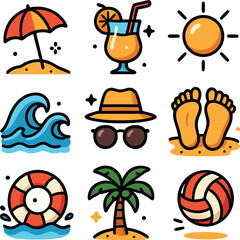 Vibrant vector icons set for fun summer beach travel and vacation illustrations