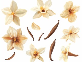 Delicate vanilla flowers and pods