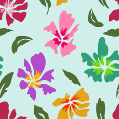 Colorful Tropical Floral Pattern on Light Blue