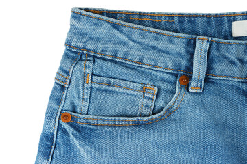 Front side of blue jeans pants. Design details, cloth tag, waistband, pocket and small pocket close up macro isolated on white, transparent background. Fashion concept, casual wear, business, shopping