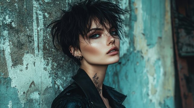 Girl with textured pixie cut and edgy expression