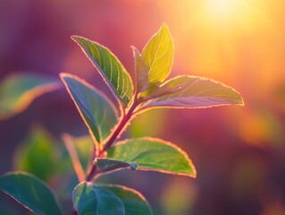 Delicate young leaves bathed in golden sunset light