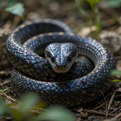 Obraz premium Coiled Venomous Snake with Striking Scales and Sinister Presence in Natural Environment