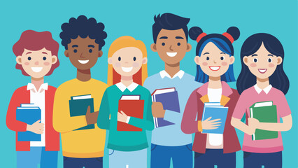 Diverse Students Smiling and Holding Books Together Against a Light Blue Background Illustration