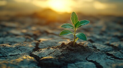 Small plant grows in cracked desert soil at sunset