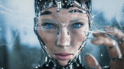 Futuristic humanoid robot in abstract tech scene—advanced robotics visual representing digital transformation, smart systems, and innovation in intelligent automation