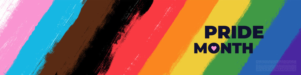 Happy pride month brush stroke banner. 2025 Oblique color stripes in the horizontal. Rainbow colored background. Gay pride, LGBTQ themed multiple colors with vector blurred lines, striped, pattern.