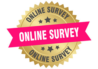 online survey. online survey round pink and gold label isolated on transparent background