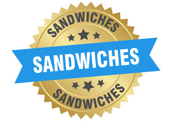 sandwiches. sandwiches round blue and gold label isolated on transparent background