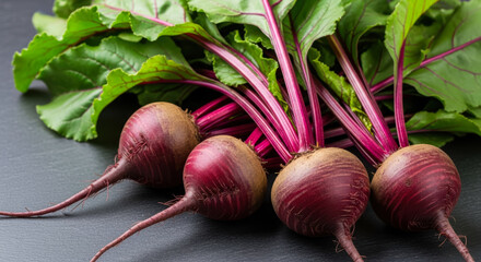 Fresh beetroots with green leaves on dark background symbolizing healthy eating and organic farming