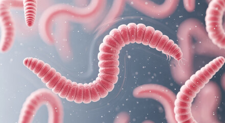 Microscopic worms illustration symbolizing parasites and infection featuring detailed 3d render of pink worms in a fluid