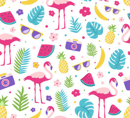 Seamless tropical summer pattern with flamingos, pineapples, bananas, watermelon, sunglasses, cameras, and tropical leaves. Bright and fun flat vector background for summer themes