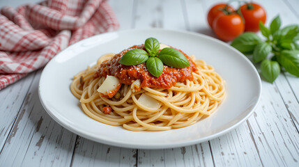 Spaghetti pasta with tomato sauce, mozzarella cheese and fresh basil in plate on white wooden background. Selective focus.