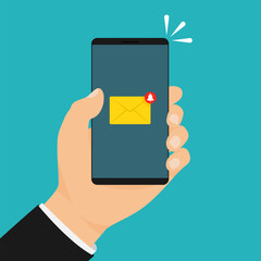 Hand holding smartphone with new message notification. Flat style vector illustration, EPS10