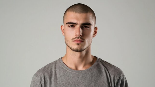 Man with clean buzz cut and casual T-shirt, facing front