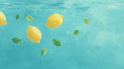 水中に浮かぶレモンとミントの葉 爽やかで夏らしい背景_1