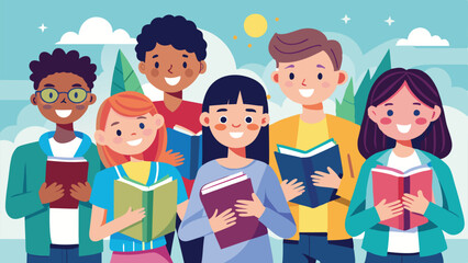 Diverse Group of Children Smiling and Holding Colorful Books, Study Together in Nature