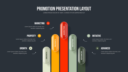 Project Planning 5 Element Diagram Frame Design. Market Development Five Step Infographic Presentation Template. Marketing Insight Slideshow Layout Vector Illustration.