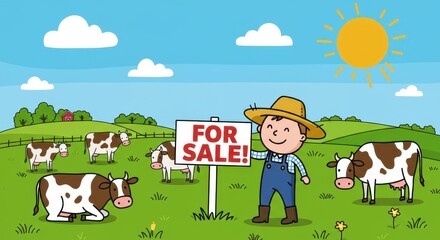 Naklejka premium Farm For Sale! Cartoon Illustration of Happy Farmer Selling his Dairy Farm with Cows in Sunny Green Pasture