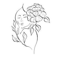 Vector Elegant female face with delicate peony, tulip, begonia, aster, eustoma, rosehip with leaves. Hand painted linear contour flower. Graphic clipart isolated. Botanical, tattoo and wedding