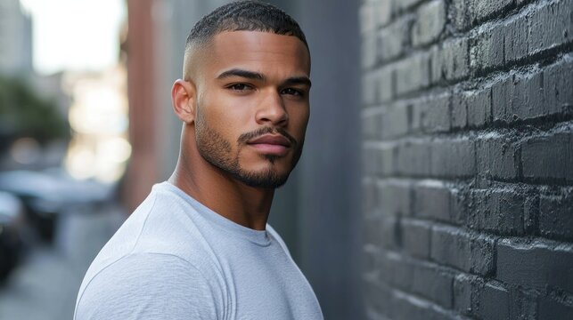 Man with low fade haircut and fitted crew neck shirt