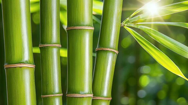 Lush Green Bamboo Stalks In Sunlight, Detailed Texture, Bokeh Background