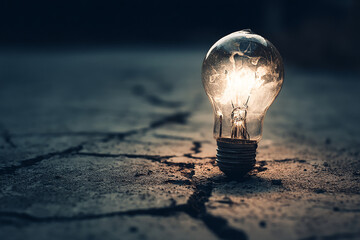 Concept about blackout with a bulb lamp on with electricity over a broken floor
